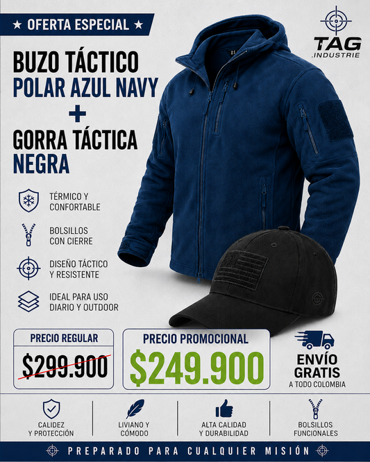 Promo Buzo Tactico Azul + Gorra Negra